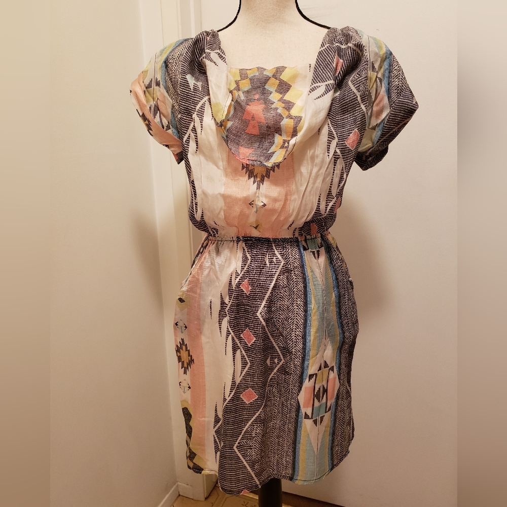 Aryn K. silk midi dress colorful geometric pattern w/ back strap detail size S